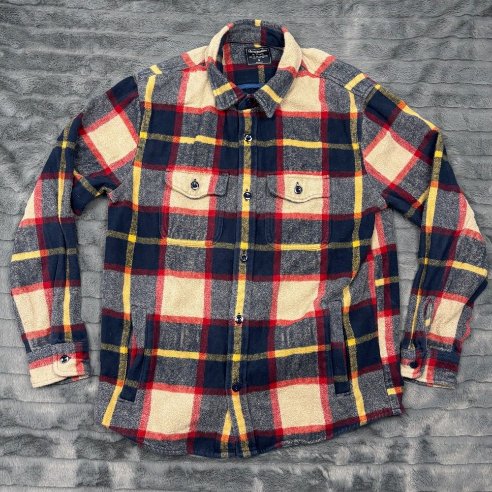 Abercrombie & Fitch Mens Medium Plaid Flannel Shirt Jacket Navy Red Yellow 8565